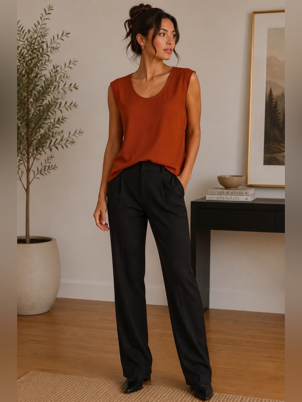 RW&CO Burnt Orange Sleeveless Scoop Neck Blouse Size M Minimalist Flowy Office